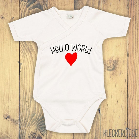 kleckerliese Wickel Baby Body "Hello World Herz" Babybody Strampler Wickelbody Organic Kimono Kurzarm