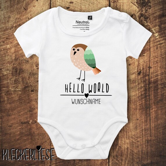 kleckerliese Babybody Body mit Wunschname "Hello World Vogel Wunschname" Fair Wear, Bio, Organic Baby Jungen Mädchen