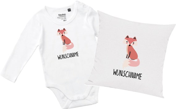 kleckerliese Geschenkset Geburt Kissen Langarm Body mit Tiermotiv "Fuchs" Fair Wear mit Kissenfüllung