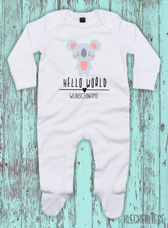 Baby Schlafanzug mit Wunschtext "Hello World Koala Wunschname" Sleepsuit Langarm Jungen Mädchen Einteiler Strampler