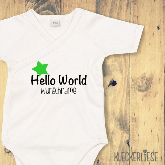 Wickelbody mit Wunschtext "Hello World Stern Wunschname" Babybody Strampler Wickelbody Organic Kimono Kurzarm Baby Body