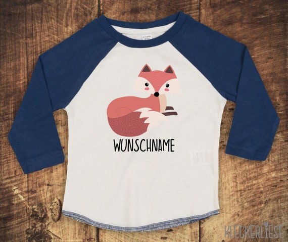 Kleckerliese Baby Kinder T-Shirt mit Wunschnamen Langarmshirt  "Fuchs" Raglan-Ärmel Jungen Mädchen