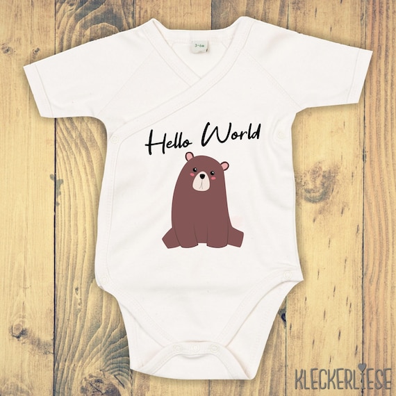 kleckerliese Wickel Baby Body "Hello World Bär" Babybody Strampler Wickelbody Organic Kimono Kurzarm