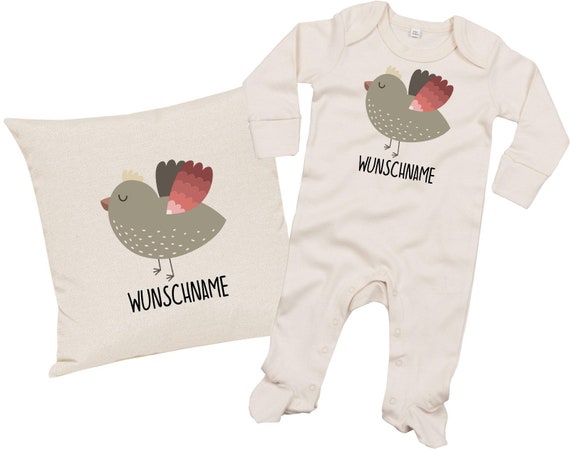 kleckerliese Geschenkset Geburt Kissen Schlafanzug mit Tiermotiv "Vogel" Fair Wear mit Kissenfüllung