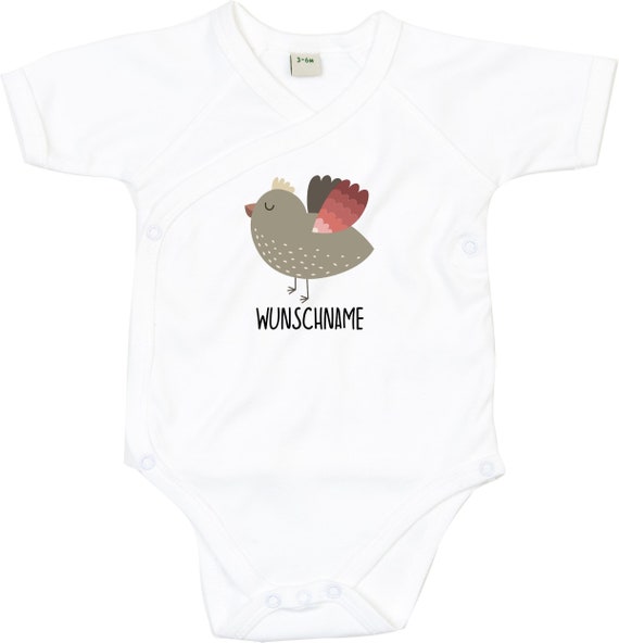 kleckerliese Wickel Baby Body "Wunschname Vogel" Babybody Strampler Wickelbody Organic Kimono Kurzarm