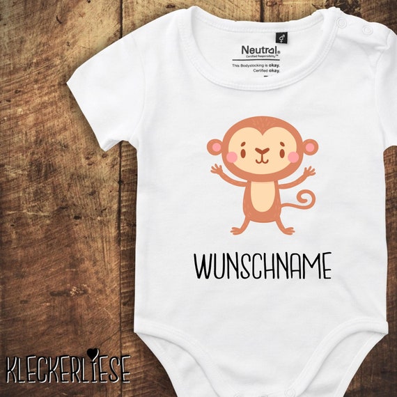 kleckerliese Babybody Body mit Wunschname "Tiermotiv mit Wunschnamen Affe" Fair Wear, Bio, Organic Baby Jungen Mädchen