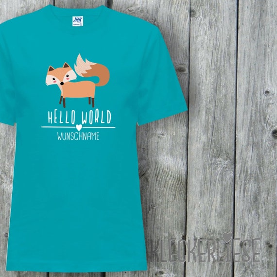 Kinder T-Shirt mit Wunschname "Hello World Fuchs Wunschname" Shirt Jungen Mädchen Baby Kind