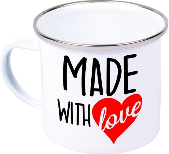 kleckerliese Emaille Kindertasse Teetasse Tasse "Made with Love" Camping Zelten Retro Becher