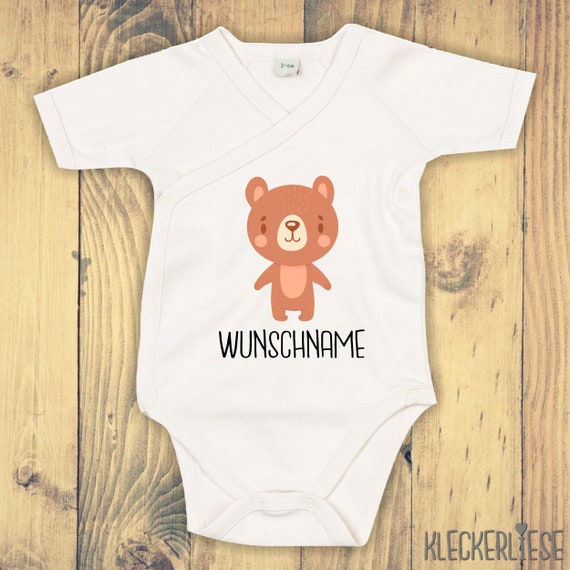 Wickelbody mit Wunschtext "Tiermotiv mit Wunschnamen Bär Braunbär" Babybody Strampler Wickelbody Organic Kimono Kurzarm Baby Body