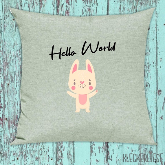 kleckerliese Kissen "Hello World Hase" Kissenhülle Deko Sofa Hülle Kissenbezug