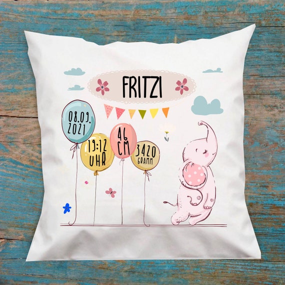 customizable pillowcase elephant for birth with desired name, date, time, weight and size cuddly pillow vers. Shapes Gift