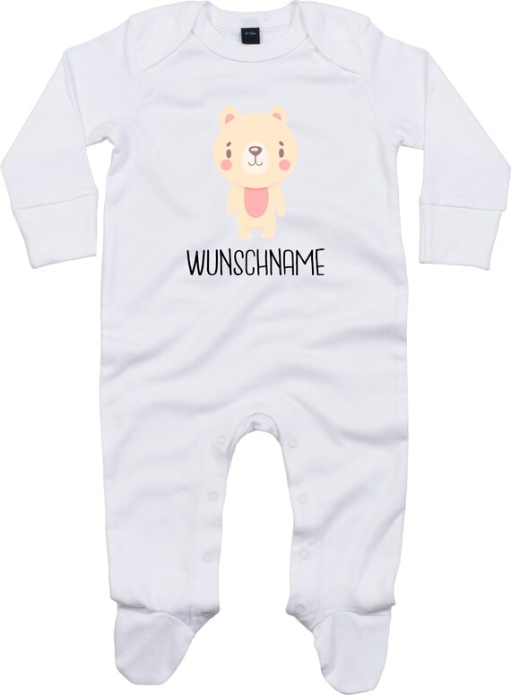 Kleckerliese Baby Schlafanzug mit Wunschnamen "Tiermotiv mit Wunschnamen Bär Eisbär" Sleepsuit Langarm Jungen Mädchen Einteiler Strampler