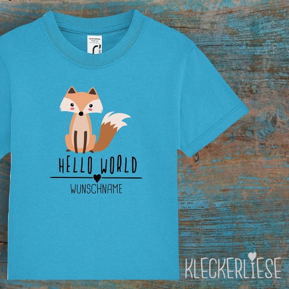 Kinder Baby Shirt mit Wunschname Kleinkind "Hello World Fuchs Wunschname" T-Shirt Jungen Mädchen