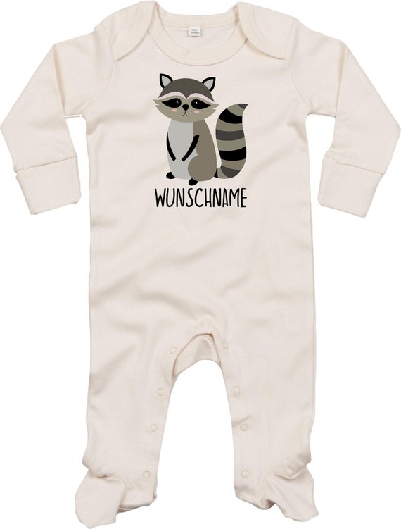 Kleckerliese Baby Schlafanzug mit Wunschnamen "Wunschname Waschbär" Sleepsuit Langarm Jungen Mädchen Einteiler Strampler