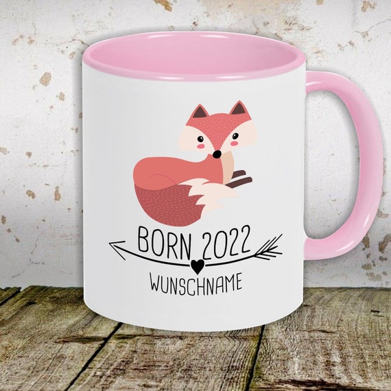 Kaffeetasse mit Wunschnamen Tasse Motiv "Born 2022 Tiermotiv Pfeil Wunschname Name Text Fuchs" Tasse Teetasse Milch Kakao