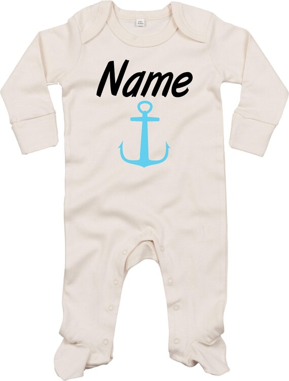 Kleckerliese Baby Schlafanzug mit Wunschnamen "Name Wunschname Anker" Sleepsuit Langarm Jungen Mädchen Einteiler Strampler