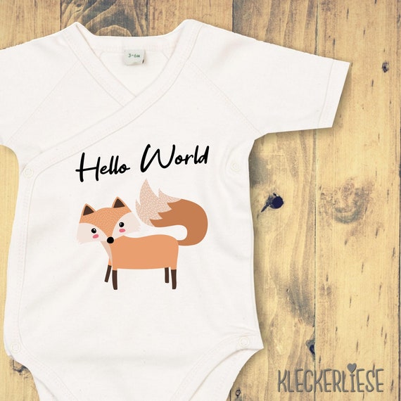 kleckerliese Wickel Baby Body "Hello World Fuchs" Babybody Strampler Wickelbody Organic Kimono Kurzarm