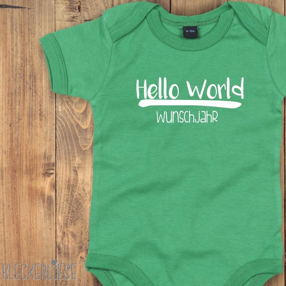 Baby Body mit Wunschtext "Hello World Wunschjahr" Babybody Strampler Jungen Mädchen Kurzarm