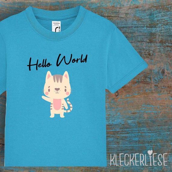 Kinder Baby Shirt Kleinkind "Hello World Katze" T-Shirt Jungen Mädchen