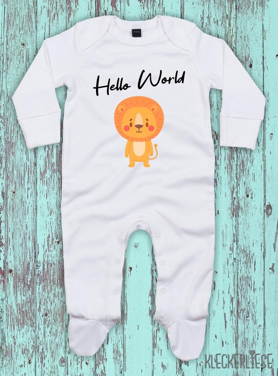 Kleckerliese Baby Schlafanzug "Hello World Löwe" Sleepsuit Langarm Jungen Mädchen Einteiler Strampler