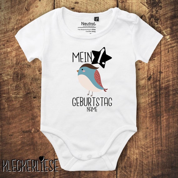 kleckerliese Babybody Body mit Wunschname "Mein 1. Geburtstag Vogel mit Wunschname" Fair Wear, Bio, Organic Baby Jungen Mädchen