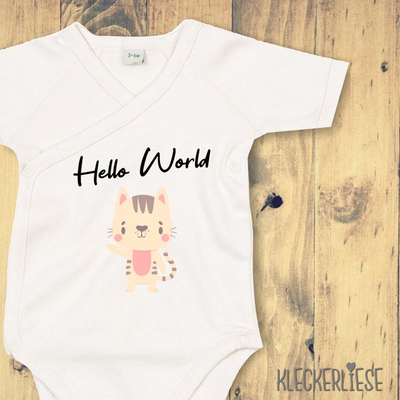 kleckerliese Wickel Baby Body "Hello World Katze" Babybody Strampler Wickelbody Organic Kimono Kurzarm
