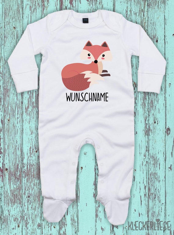 Kleckerliese Baby Schlafanzug mit Wunschnamen "Wunschname Fuchs" Sleepsuit Langarm Jungen Mädchen Einteiler Strampler