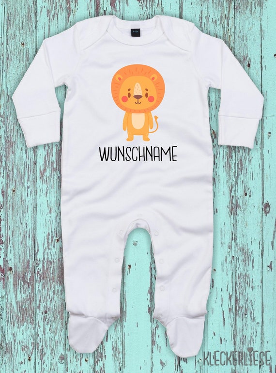 Kleckerliese Baby Schlafanzug mit Wunschnamen "Tiermotiv mit Wunschnamen Löwe" Sleepsuit Langarm Jungen Mädchen Einteiler Strampler