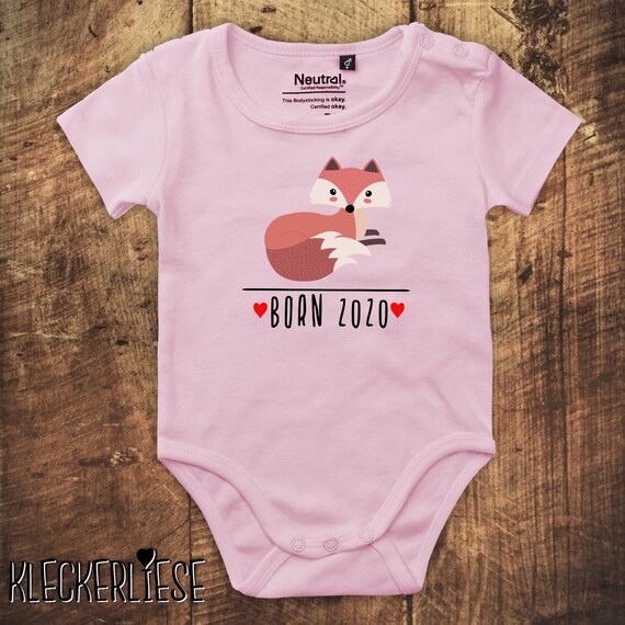 kleckerliese Babybody Body "Born 2020 Tiermotiv Fuchs" Fair Wear Jungen Mädchen Motiv Aufdruck