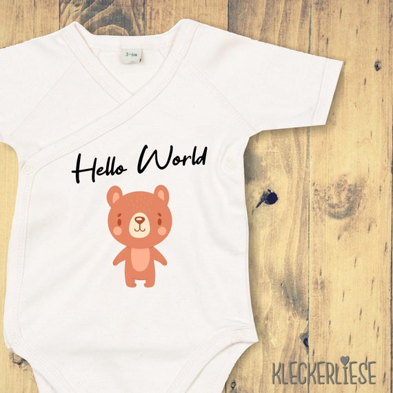 kleckerliese Wickel Baby Body "Hello World Bär" Babybody Strampler Wickelbody Organic Kimono Kurzarm