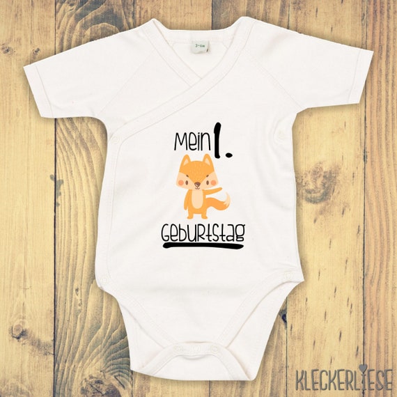 kleckerliese Wickel Baby Body "Mein 1. Geburtstag Fuchs" Babybody Strampler Wickelbody Organic Kimono Kurzarm