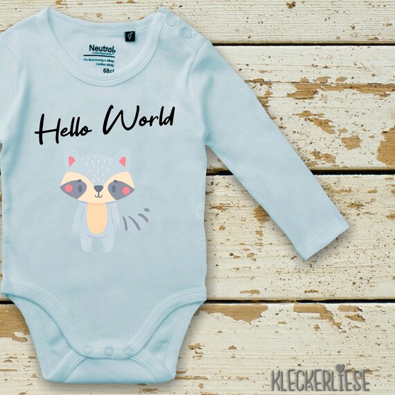 Langarm Body Babybody "Hello World Waschbär" Fair Wear Bio Organic