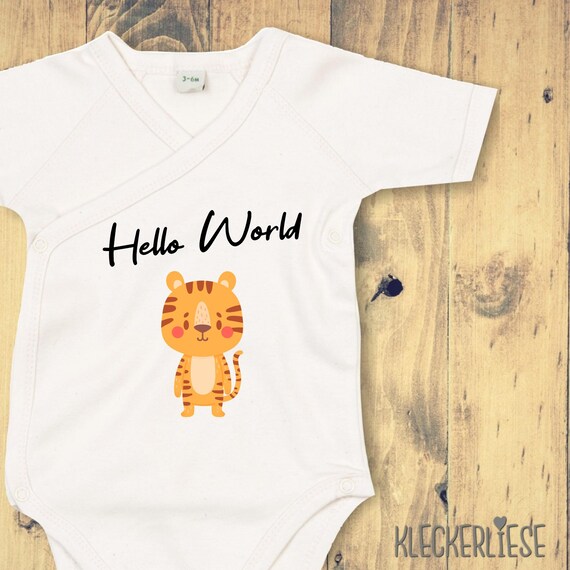 kleckerliese Wickel Baby Body "Hello World Tiger" Babybody Strampler Wickelbody Organic Kimono Kurzarm