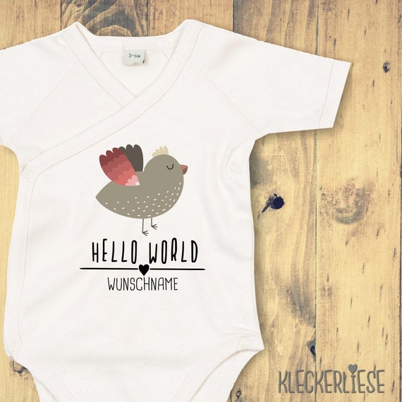 Wickelbody mit Wunschtext "Hello World Vogel Wunschname" Babybody Strampler Wickelbody Organic Kimono Kurzarm Baby Body