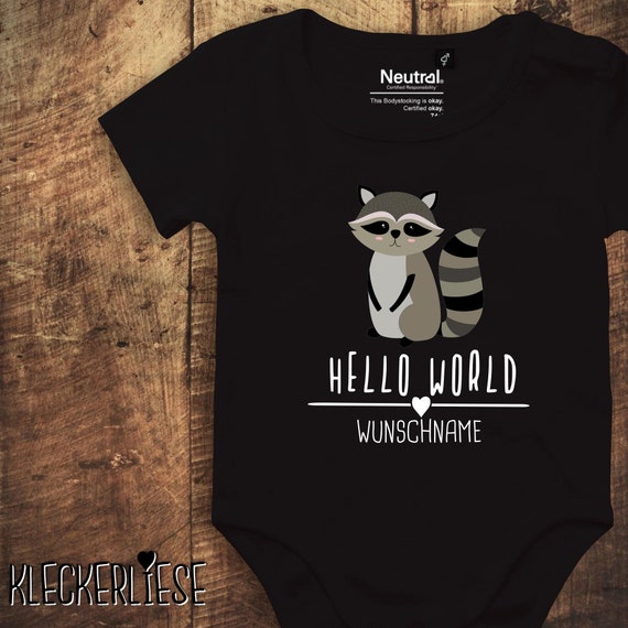 kleckerliese Babybody Body mit Wunschname "Hello World Waschbär Wunschname" Fair Wear, Bio, Organic Baby Jungen Mädchen