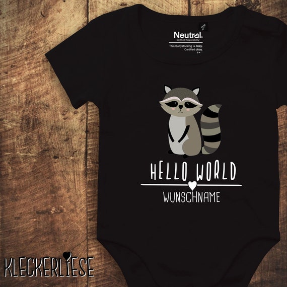 kleckerliese baby bodysuit with desired name "Hello World Raccoon desired name" Fair Wear, Bio, Organic Baby Boys Girls