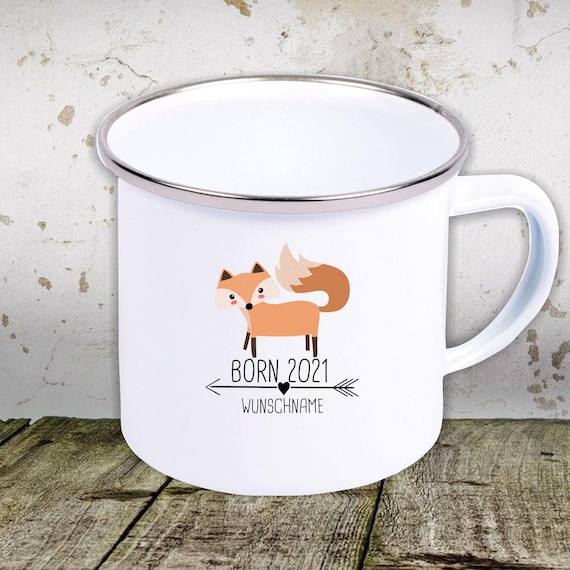 kleckerliese Emaille Kindertasse Teetasse Tasse "Born 2021 Tiermotiv" Camping Zelten Retro Becher