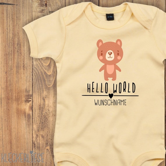 Baby Body mit Wunschtext "Hello World Bär Wunschname" Babybody Strampler Jungen Mädchen Kurzarm