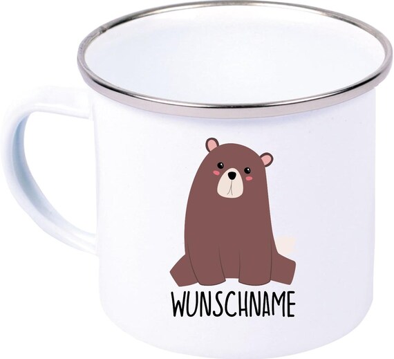 kleckerliese Emaille Kindertasse mit Wunschnamen Teetasse Tasse Motiv Tiermotive Tiere mit Camping Zelten Retro Becher