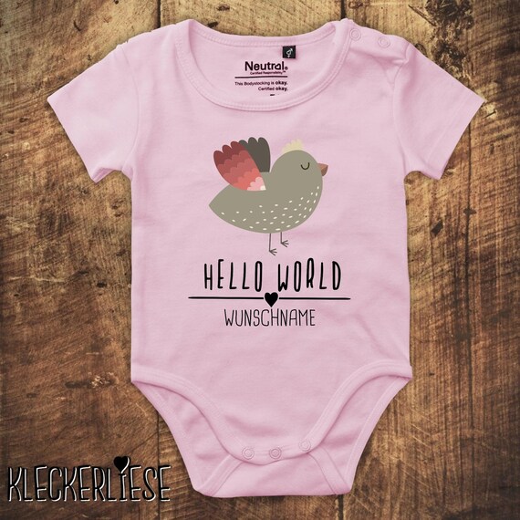 kleckerliese Babybody Body mit Wunschname "Hello World Vogel Wunschname" Fair Wear, Bio, Organic Baby Jungen Mädchen