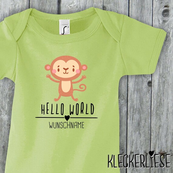 Baby Body mit Wunschname "Hello World Affe Wunschname" Babybody Strampler Jungen Mädchen