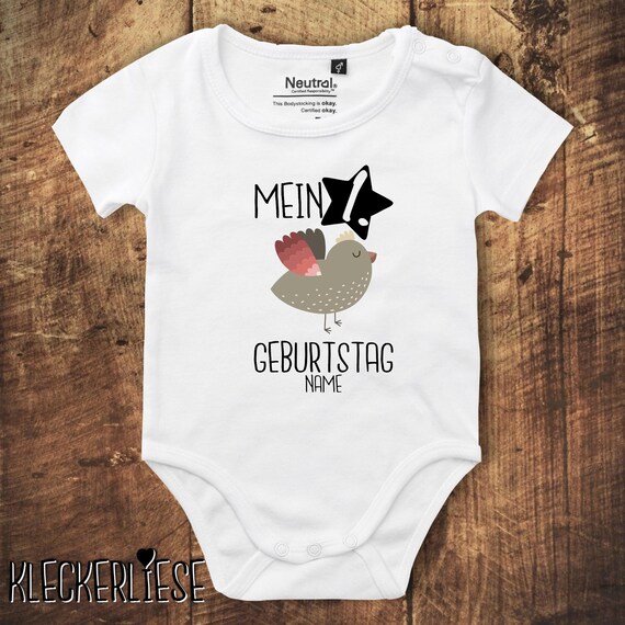 kleckerliese Babybody Body mit Wunschname "Mein 1. Geburtstag Vogel mit Wunschname" Fair Wear, Bio, Organic Baby Jungen Mädchen