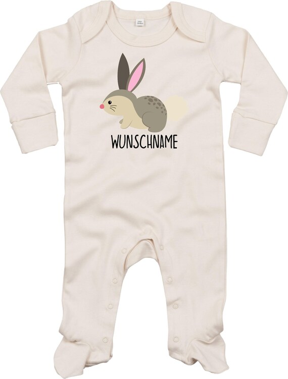 Kleckerliese Baby Schlafanzug mit Wunschnamen "Wunschname Hase" Sleepsuit Langarm Jungen Mädchen Einteiler Strampler