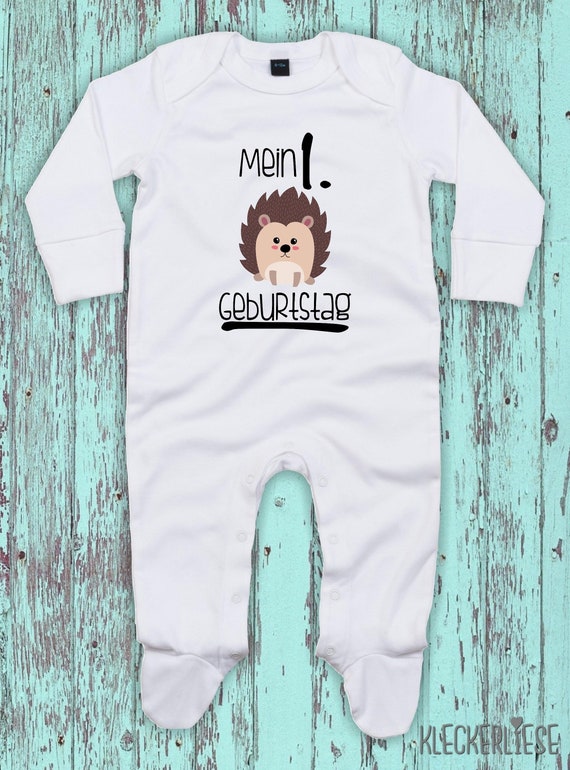 Kleckerliese Baby Schlafanzug "Mein 1. Geburtstag Igel" Sleepsuit Langarm Jungen Mädchen Einteiler Strampler