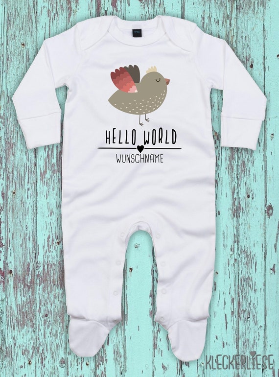 Baby Schlafanzug mit Wunschtext "Hello World Vogel Wunschname" Sleepsuit Langarm Jungen Mädchen Einteiler Strampler