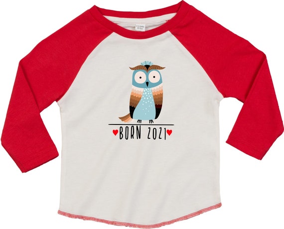 Kleckerliese Baby Kinder T-Shirt Langarmshirt  "Born 2021 Tiermotiv Eule" Raglan-Ärmel Jungen Mädchen