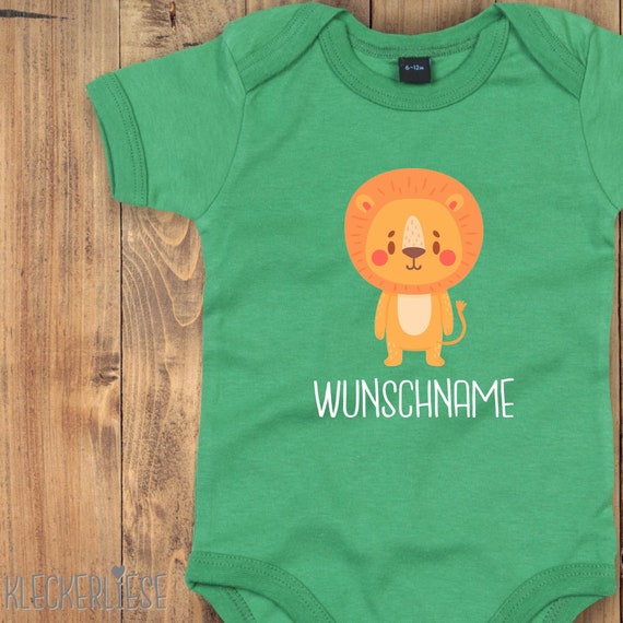kleckerliese Baby Body "Tiermotiv mit Wunschnamen Löwe" mit Wunschtext oder Name Babybody Strampler Jungen Mädchen Kurzarm