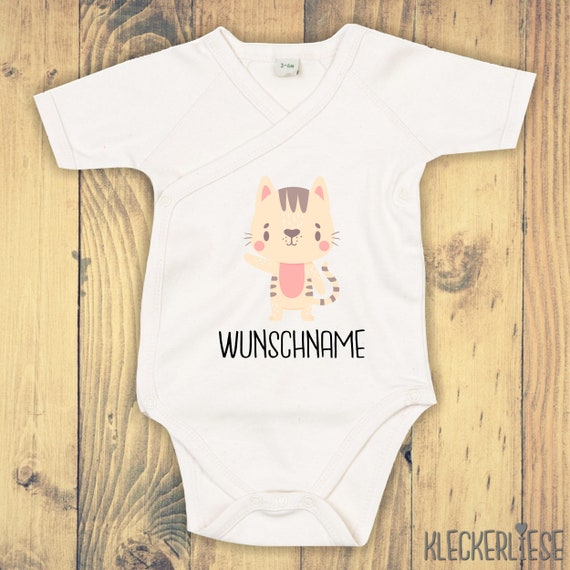 kleckerliese Wickel Baby Body "Tiermotiv mit Wunschnamen Katze Mietze Cat" Babybody Strampler Wickelbody Organic Kimono Kurzarm