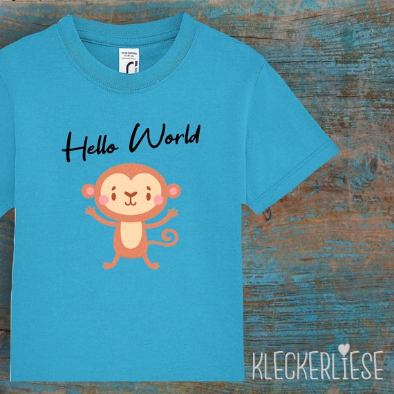 Kinder Baby Shirt Kleinkind "Hello World Affe" T-Shirt Jungen Mädchen