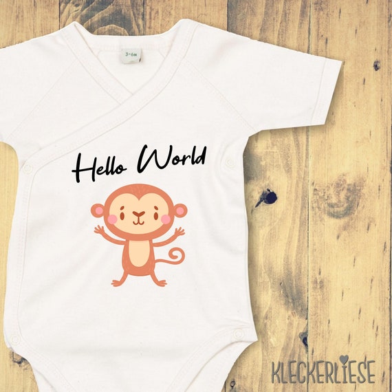 kleckerliese Wickel Baby Body "Hello World Affe" Babybody Strampler Wickelbody Organic Kimono Kurzarm